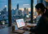 What We See in AI Answers for Thai Brands Woman typing on a laptop with a chat interface beside a window overlooking a city skyline at dusk