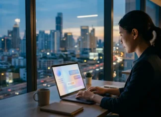 What We See in AI Answers for Thai Brands Woman typing on a laptop with a chat interface beside a window overlooking a city skyline at dusk
