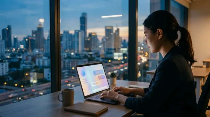 AI answers for Thai brands Woman typing on a laptop with a chat interface beside a window overlooking a city skyline at dusk