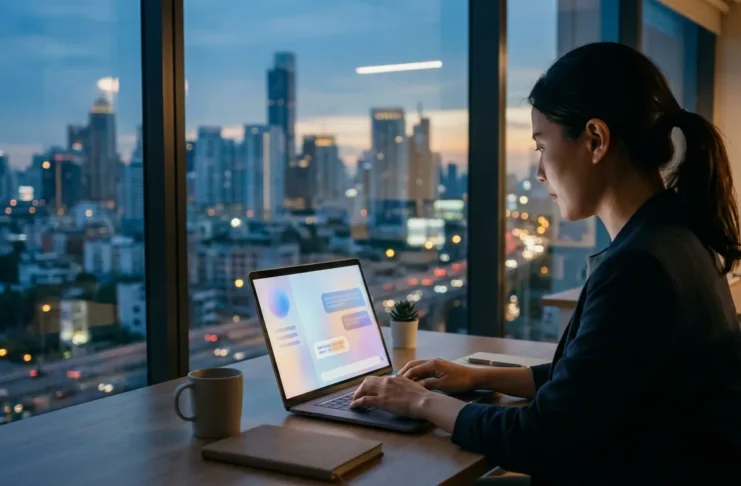 What We See in AI Answers for Thai Brands Woman typing on a laptop with a chat interface beside a window overlooking a city skyline at dusk